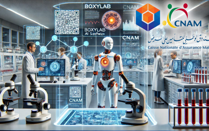 BoxyBoy, robot intelligent de BoxyLab, dans un laboratoire high-tech de biologie médicale avec QR code CNAM et système LIMS intégré